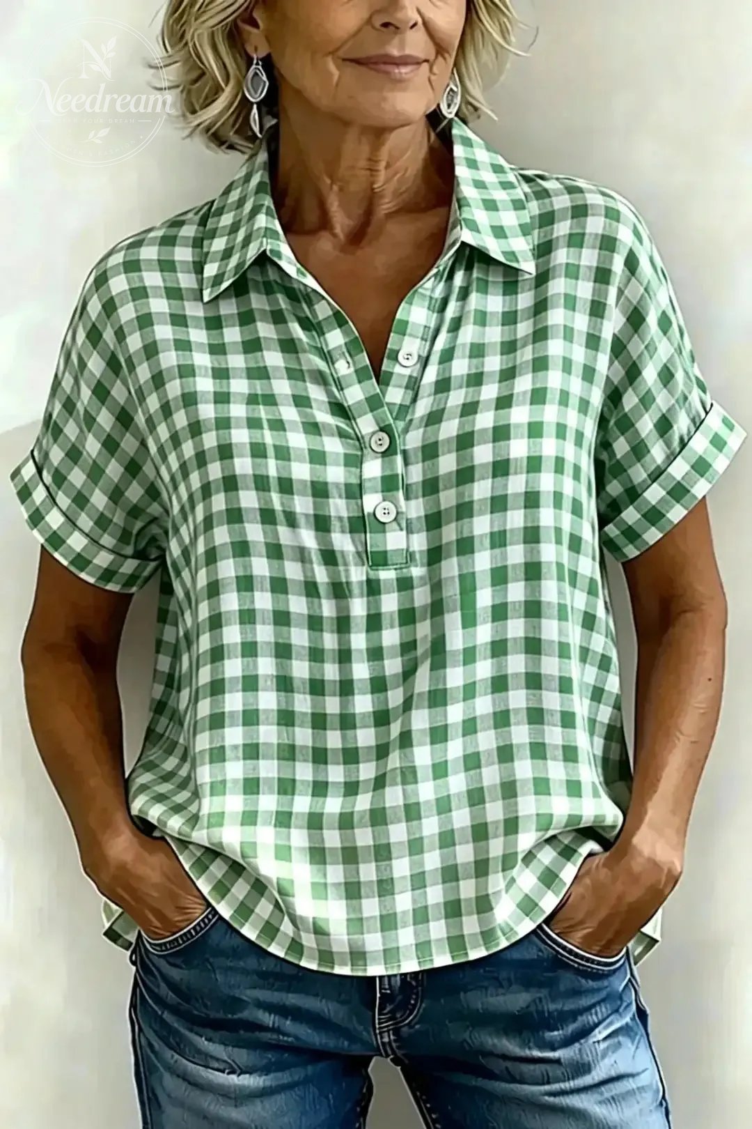 Women's Classic Plaid Cotton-Linen V-Neck Button-Front Shirt