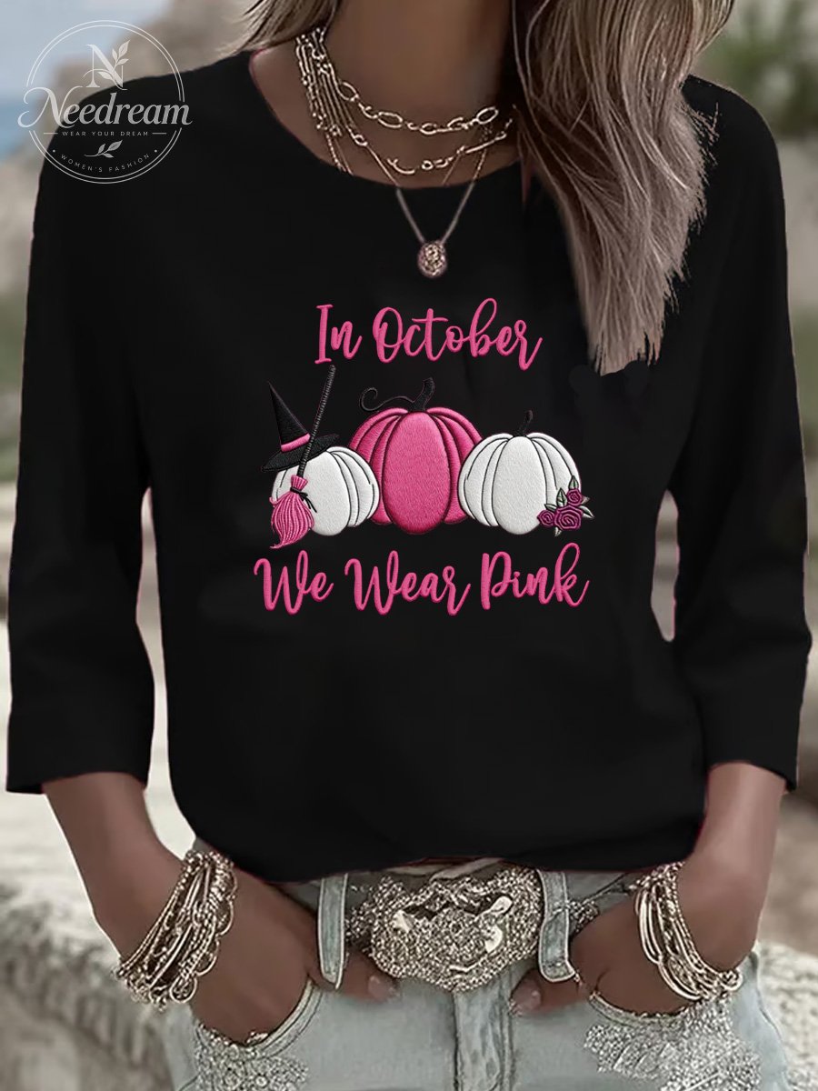 Women's In October We Wear Pink Three-Quarter Sleeve Round Neck T-Shirt