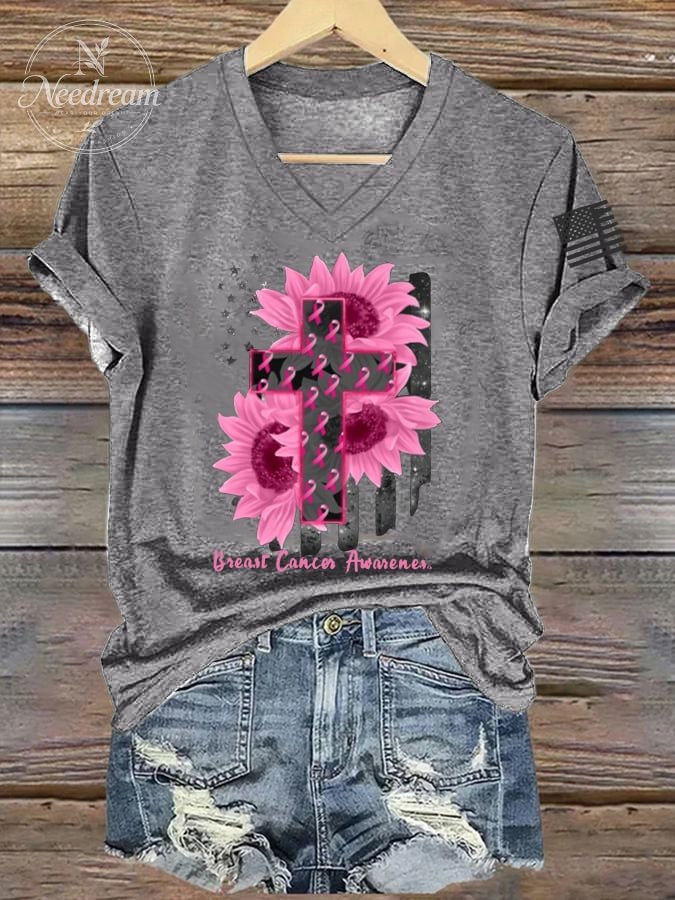 Women's Cross Faith Breast Cancer Awareness Print V Neck Short Sleeve T-Shirt