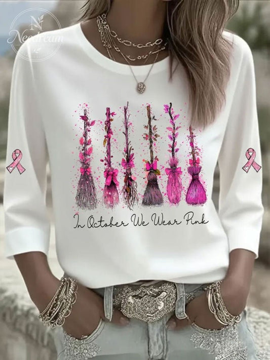 Women's Casual Breast Cancer Print Three-Quarter Sleeve T-Shirt