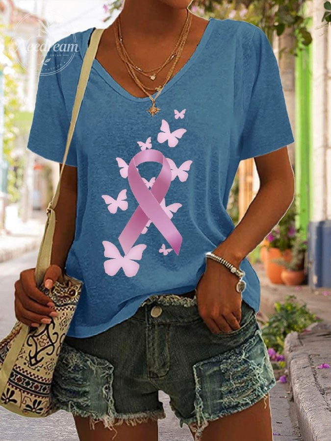 Women's Butterfly Breast Cancer Print Loose Short Sleeve T-Shirt