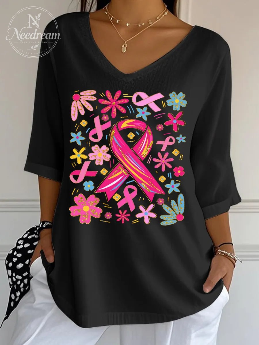 Women's Breast Cancer Pink Ribbon Print Wrinkle Top