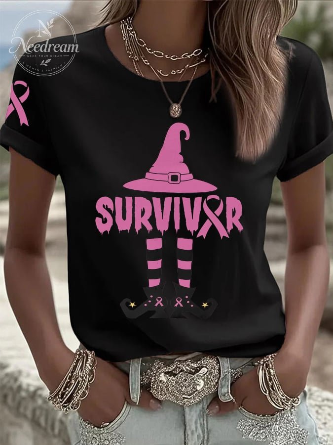 Women's Breast Cancer Survivor Witch Print Casual T-shirt