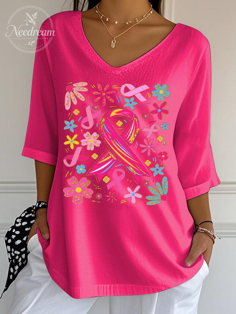 Women's Breast Cancer Pink Ribbon Print Wrinkle Top
