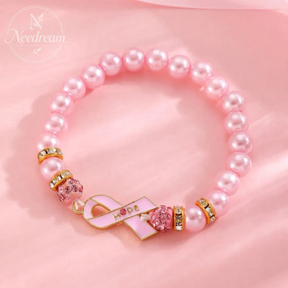 Pink Ribbon Pearl Bracelet With Elegant Hope Charm