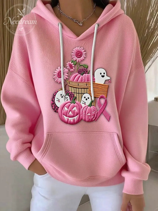 Women's Breast Cancer Sequin Pumpkin Print Casual Hoodie