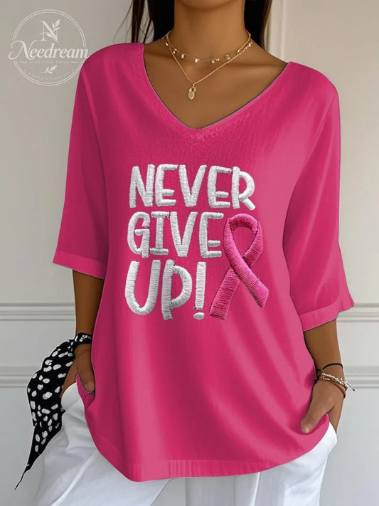 Women's Retro Never Give Up Breast Cancer Print Mid Sleeve T-Shirt