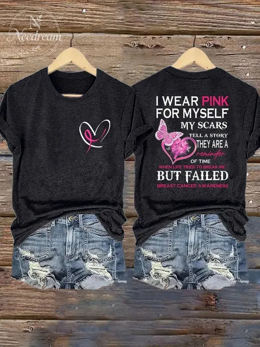 Women's Breast Cancer Awareness "I Wear Pink for My Scars" Crew Neck Printed T-Shirt Top