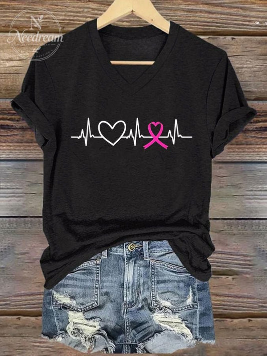 Women's Breast Cancer Heart ECG V-Neck Print T-Shirt Top