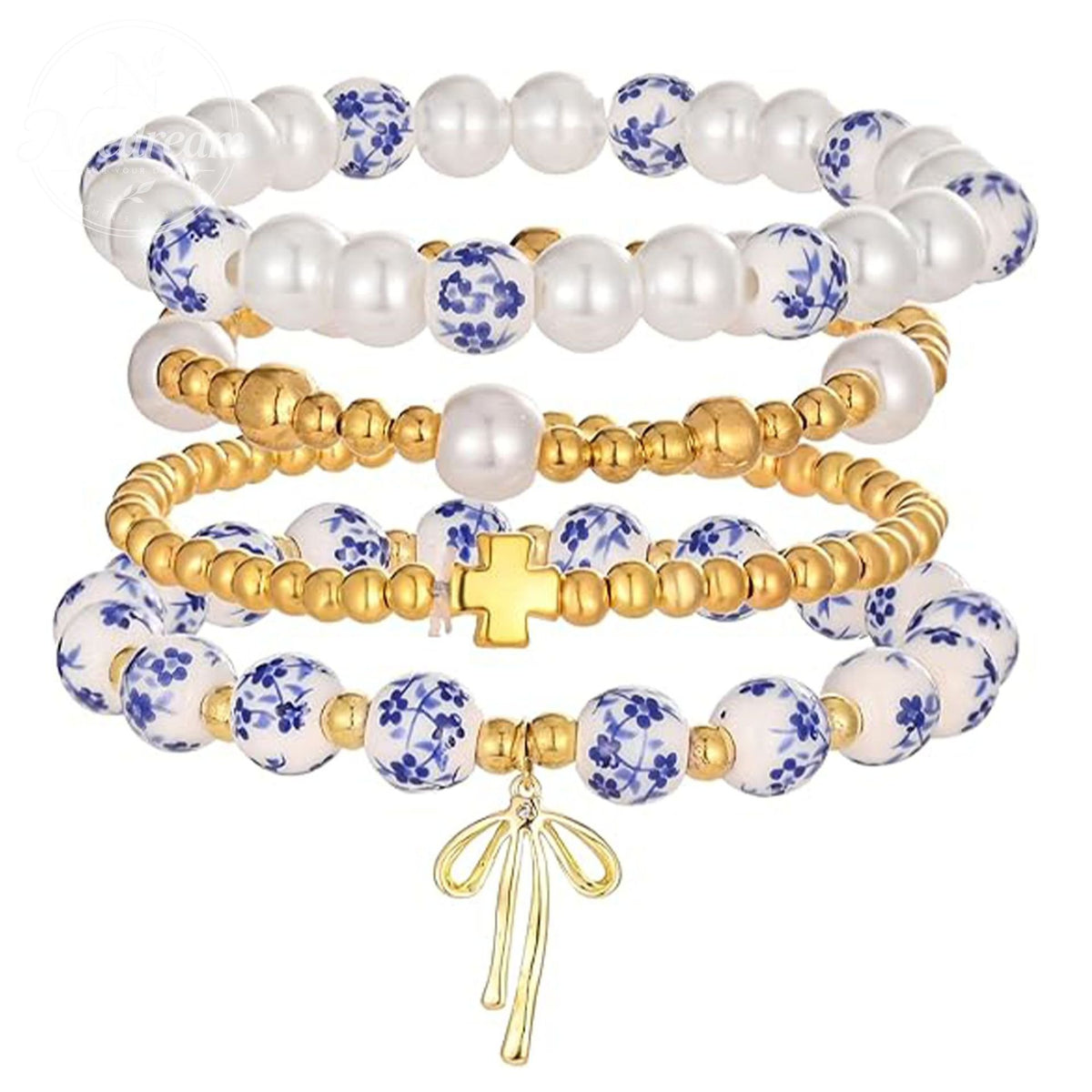 Diamond Studded Bow, Blue Blue Blue And White Porcelain Floral Bead Bracelet