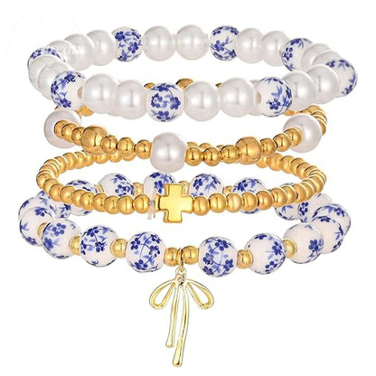 Diamond Studded Bow, Blue Blue Blue And White Porcelain Floral Bead Bracelet