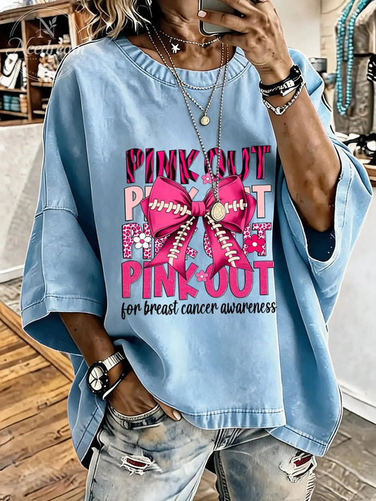 Women'S Pink Out Breast Cancer Awarenes Distressed Washed Oversized T-Shirt