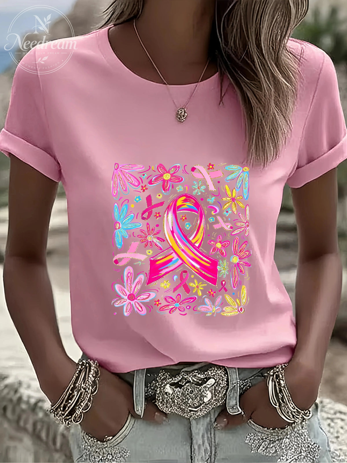 Women'S Comfort Colors Breast Cancer Awareness Casual Round Neck T-Shirt