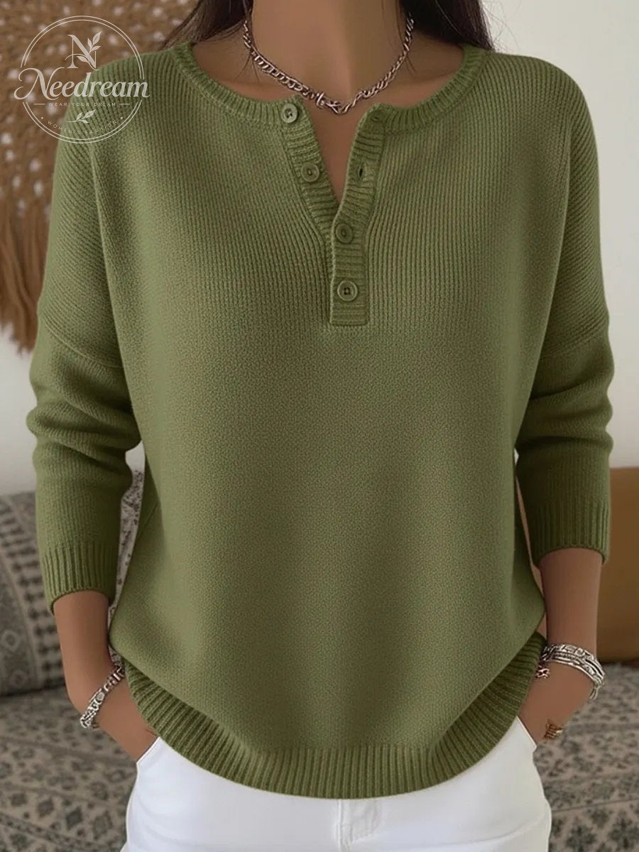 Women Plain Casual Long Sleeve Henley Collar Cotton Sweater