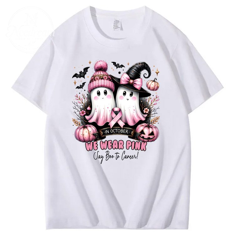 In October We Wear Pink Say Boo To Cancer Pattern100% Cotton T-Shirt