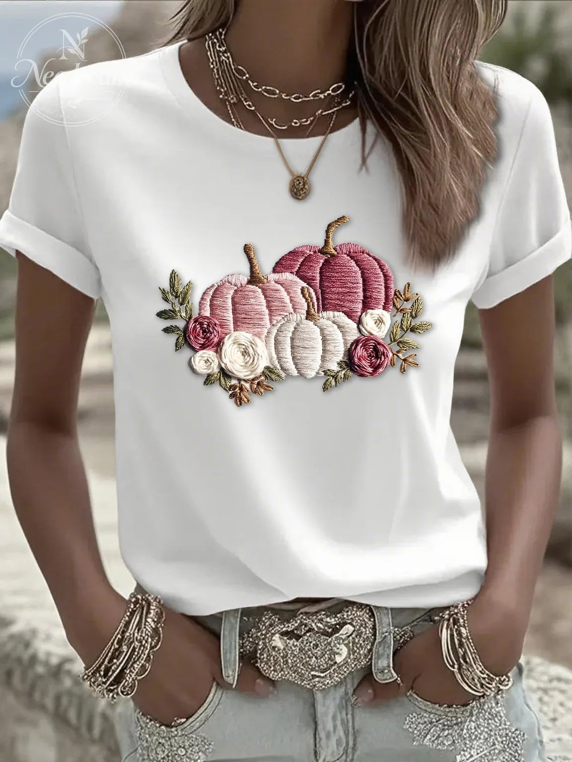 Women's casual pink pumpkin T-shirt