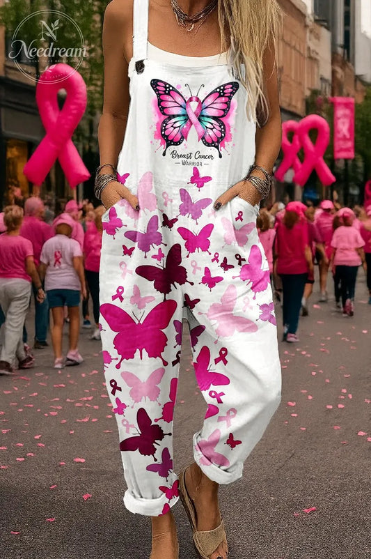 Women's Pink October  Breast Cancer Butterfly  Pattern Print  Casual Cotton Pocket Jumpsuit