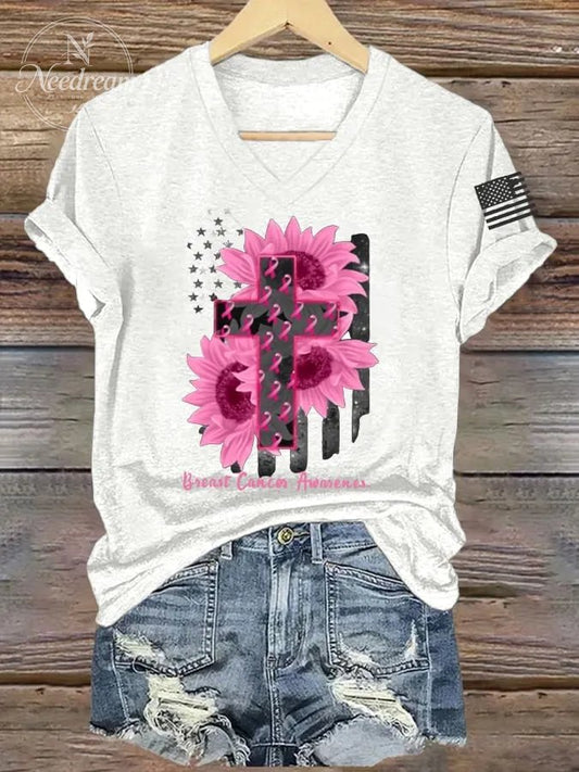 Women's Cross Faith Breast Cancer Awareness Print V Neck Short Sleeve T-Shirt