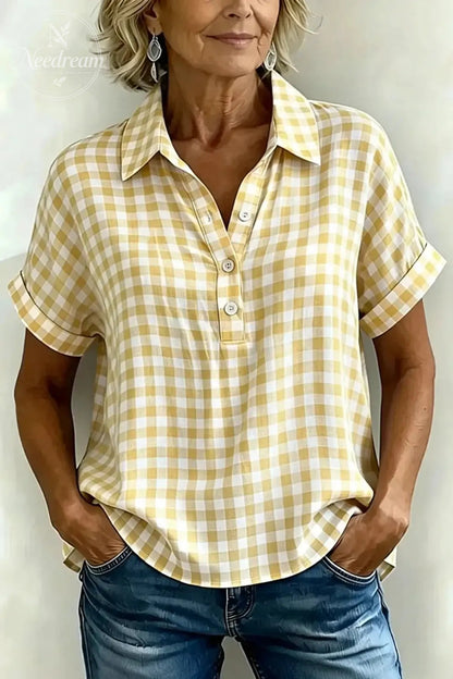 Women's Classic Plaid Cotton-Linen V-Neck Button-Front Shirt