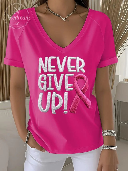 Women's Retro Never Give Up Breast Cancer Awareness Printed Raglan V-Neck T-Shirt