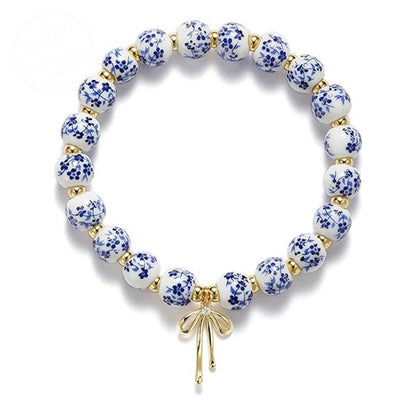Diamond Studded Bow, Blue Blue Blue And White Porcelain Floral Bead Bracelet