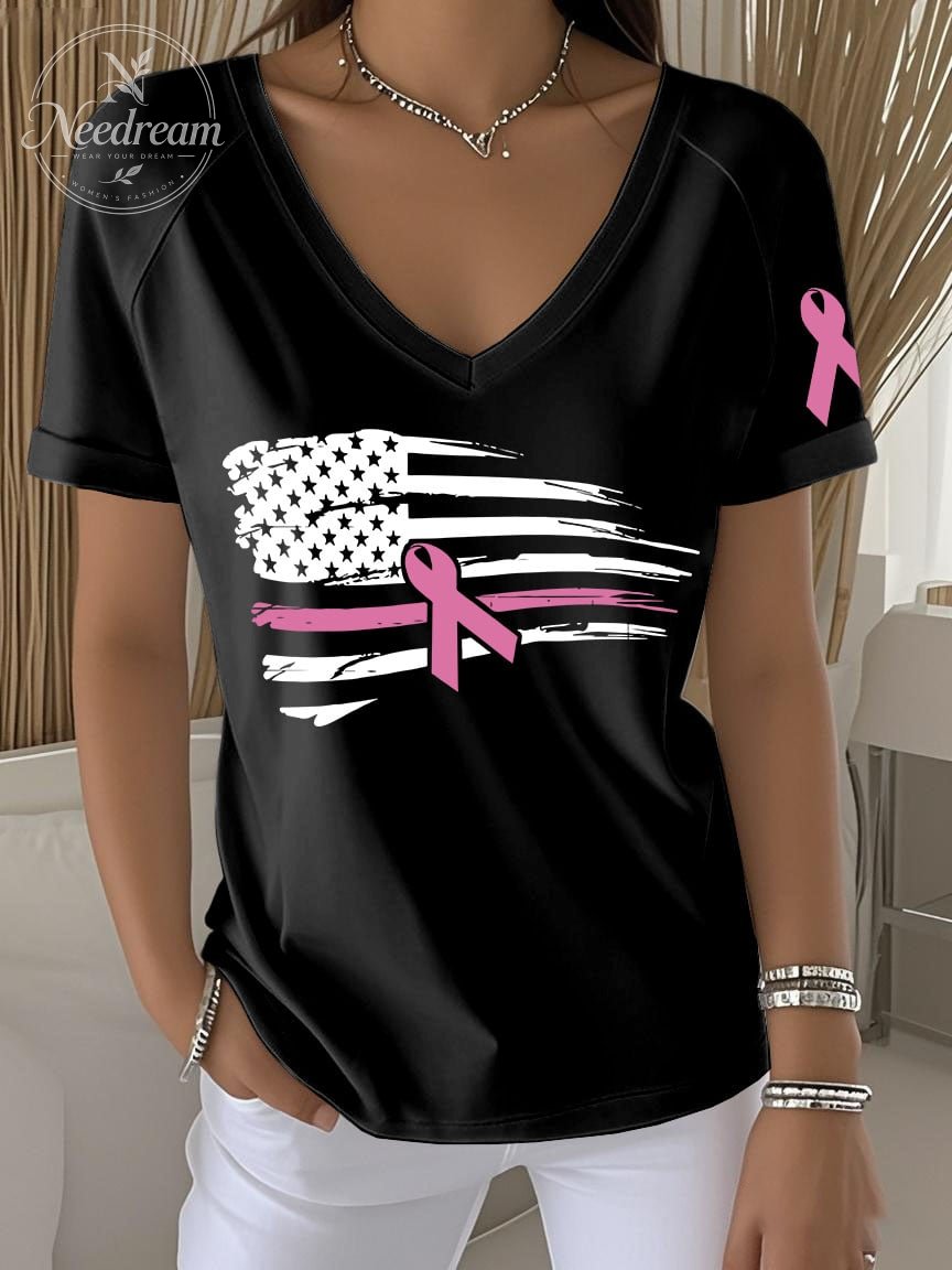 Women's Retro USA Breast Cancer Awareness Printed Raglan V-Neck T-Shirt