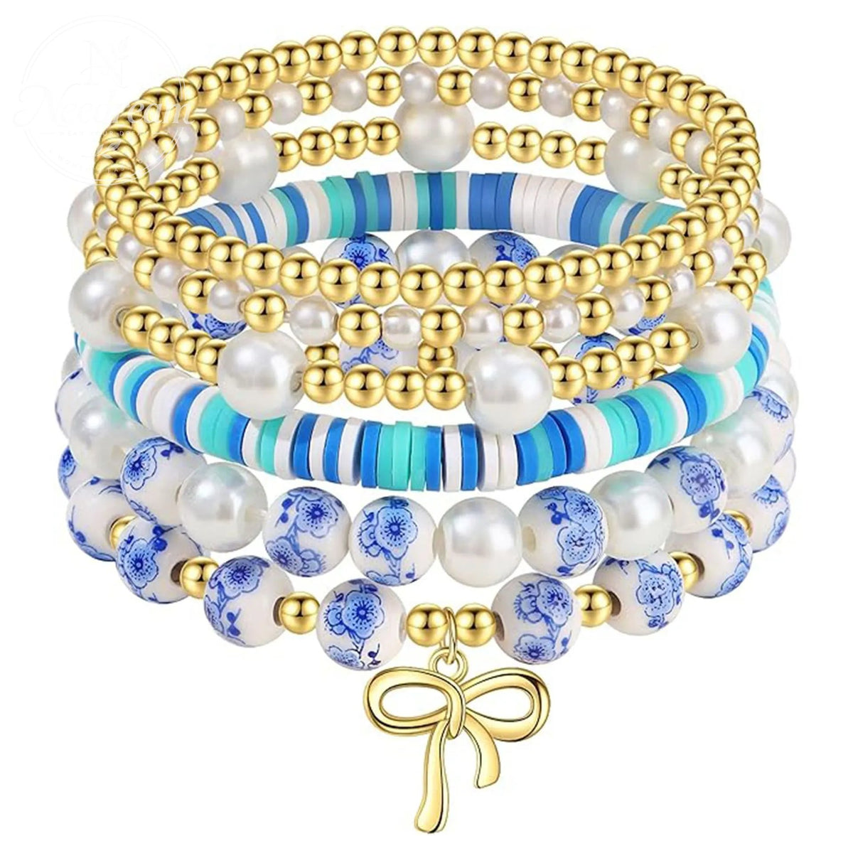 Diamond Studded Bow, Blue Blue Blue And White Porcelain Floral Bead Bracelet