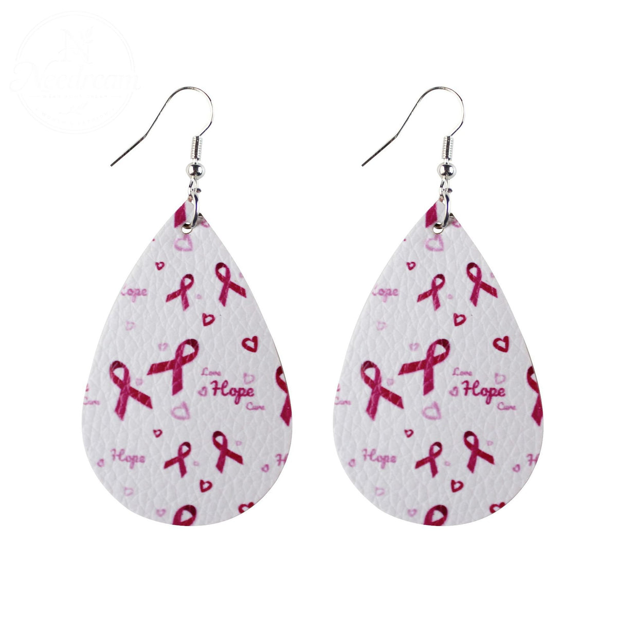 Pink Ribbon Artificial Leather Water Droplet Earrings