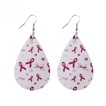 Pink Ribbon Artificial Leather Water Droplet Earrings