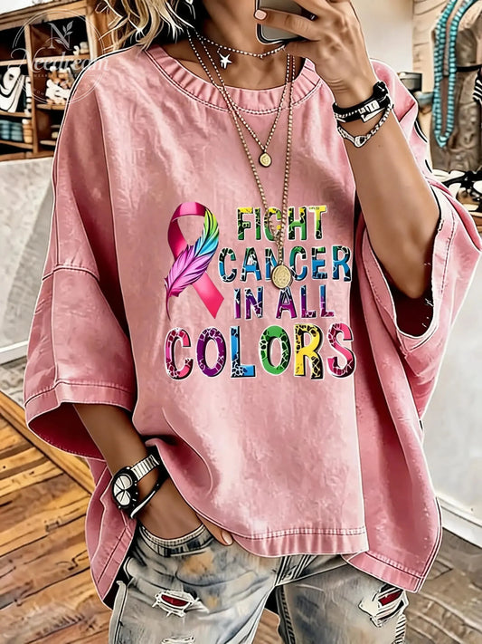 Women'S Fight Cancer In All Colors Distressed Washed Oversized T-Shirt