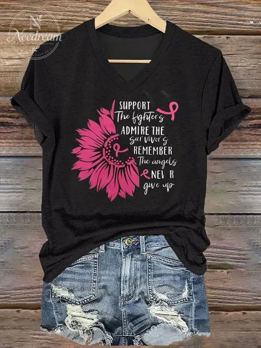 Women's Breast Cancer Slogan V-Neck Print T-Shirt Top