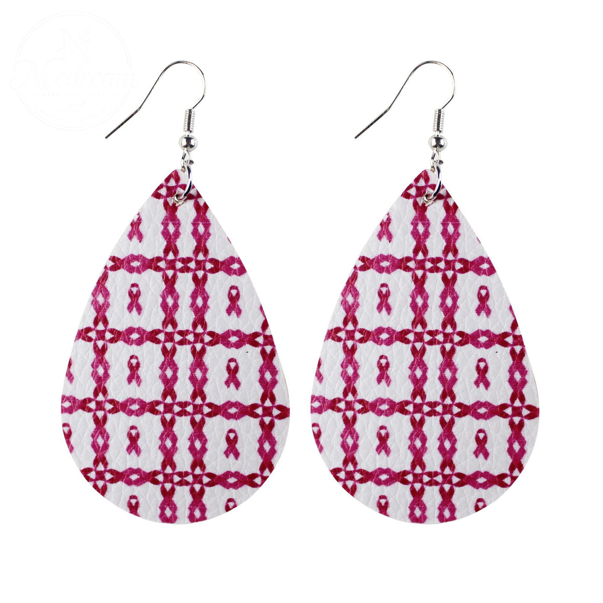 Pink Ribbon Artificial Leather Water Droplet Earrings