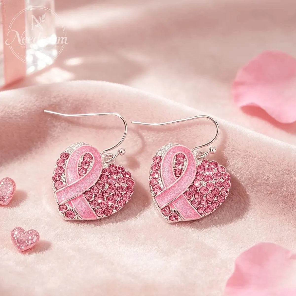 Pink Ribbon Heart Crystal Earrings