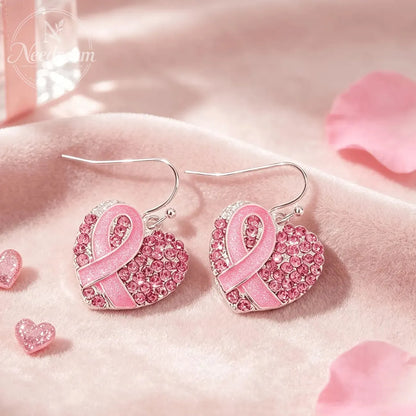 Pink Ribbon Heart Crystal Earrings