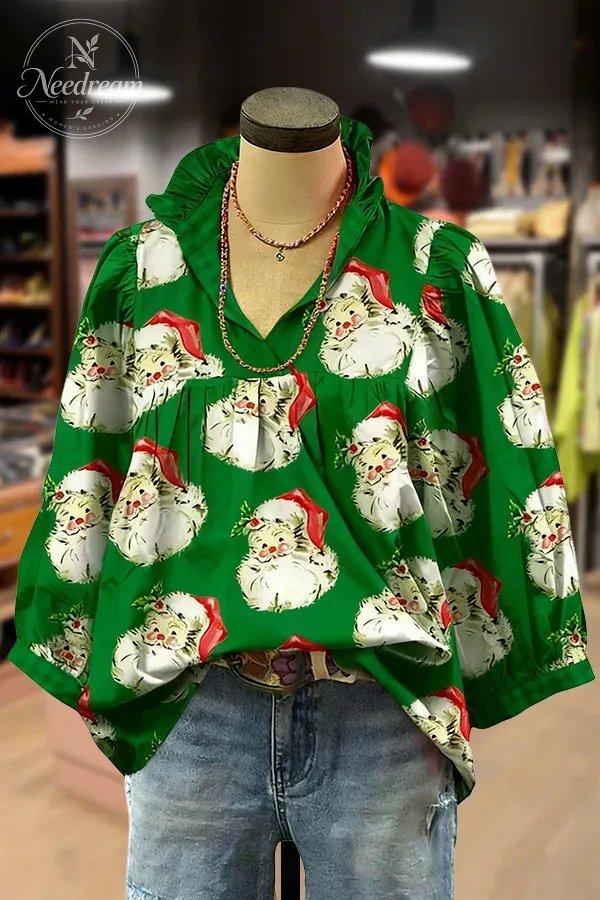 Christmas Santa Print Ruffle V-Neck Blouse