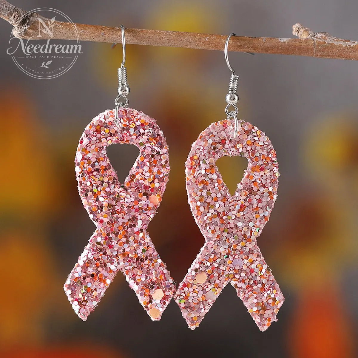 Pink Ribbon Glitter Earrings