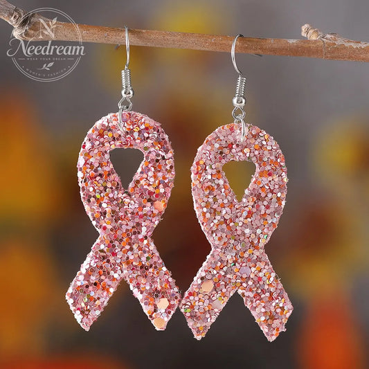 Pink Ribbon Glitter Earrings