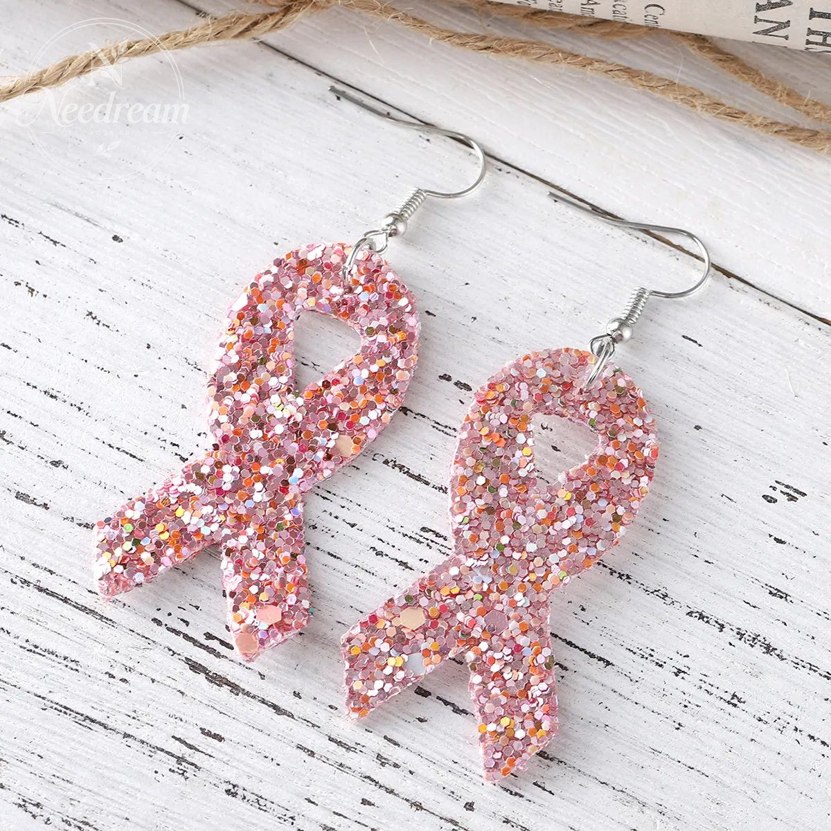 Pink Ribbon Glitter Earrings