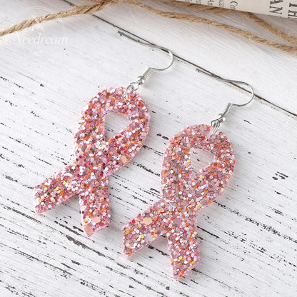 Pink Ribbon Glitter Earrings