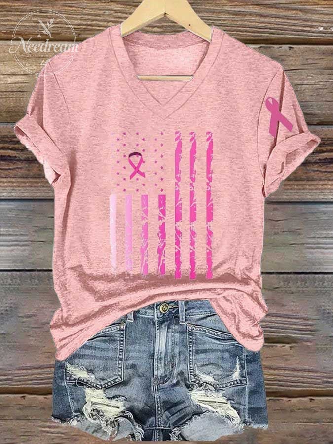 Women's Breast Cancer Awareness Flag Print Casual T-Shirt