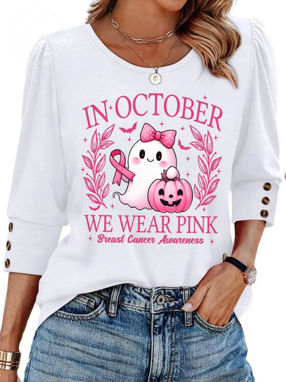 Women's "We Wear October" Pink Graphic Casual 3/4 Sleeve Button Top