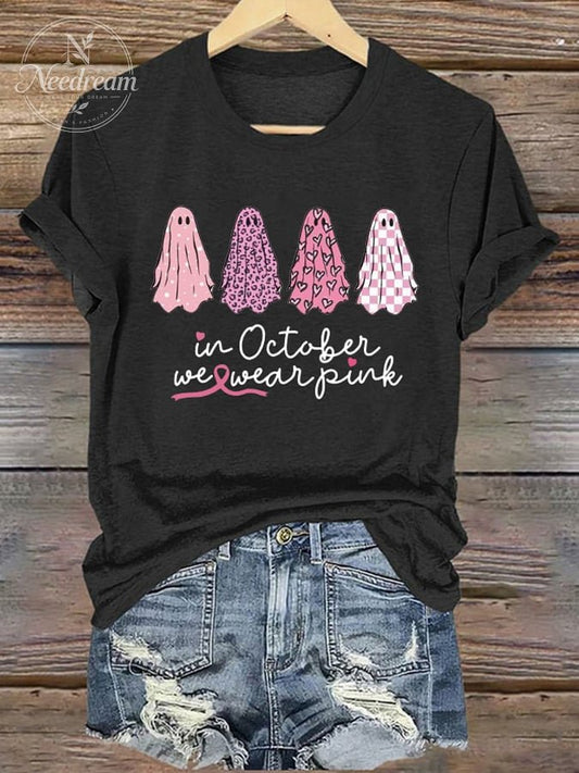 Women's Ghosts In October We Wear Pink Print Casual Round Neck T-shirt