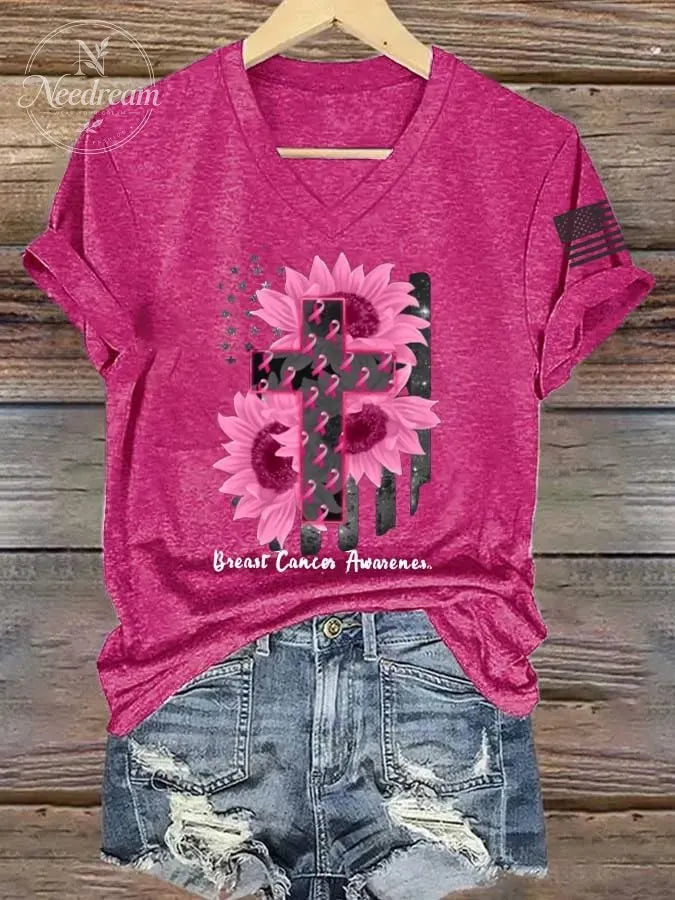 Women's Cross Faith Breast Cancer Awareness Print V Neck Short Sleeve T-Shirt