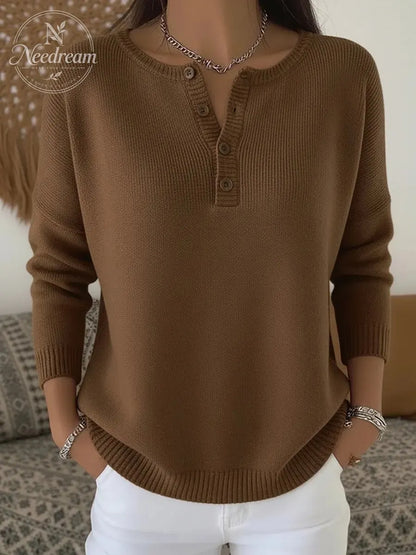 Women Plain Casual Long Sleeve Henley Collar Cotton Sweater
