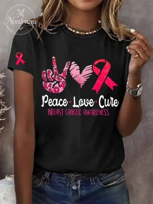 Women's Peace Love Cure Breast Cancer Printed Round Neck Short Sleeve T-Shirt
