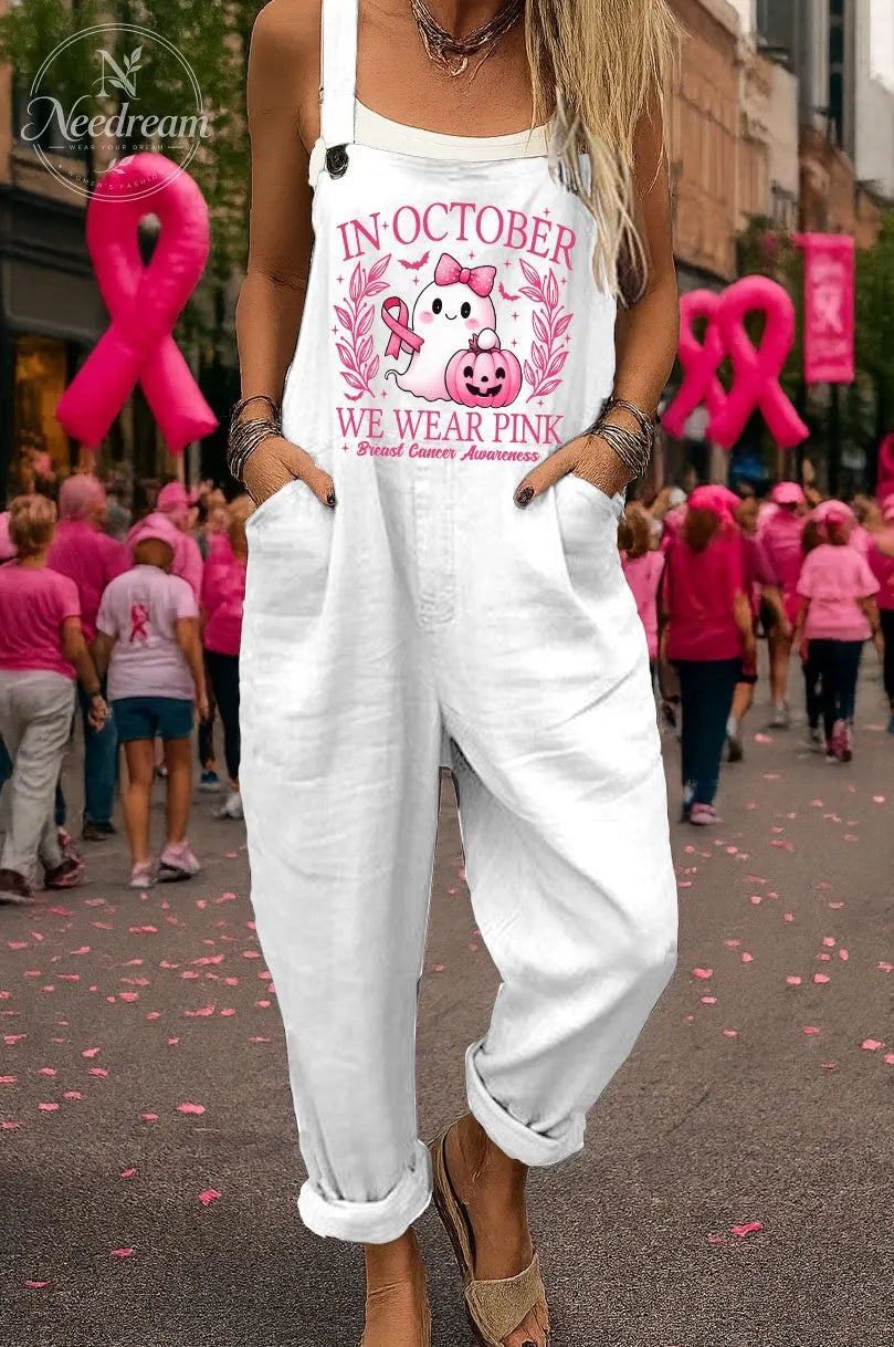 Women's  In Pink October We Wear Pink  Pattern Print  Casual Cotton Pocket Jumpsuit