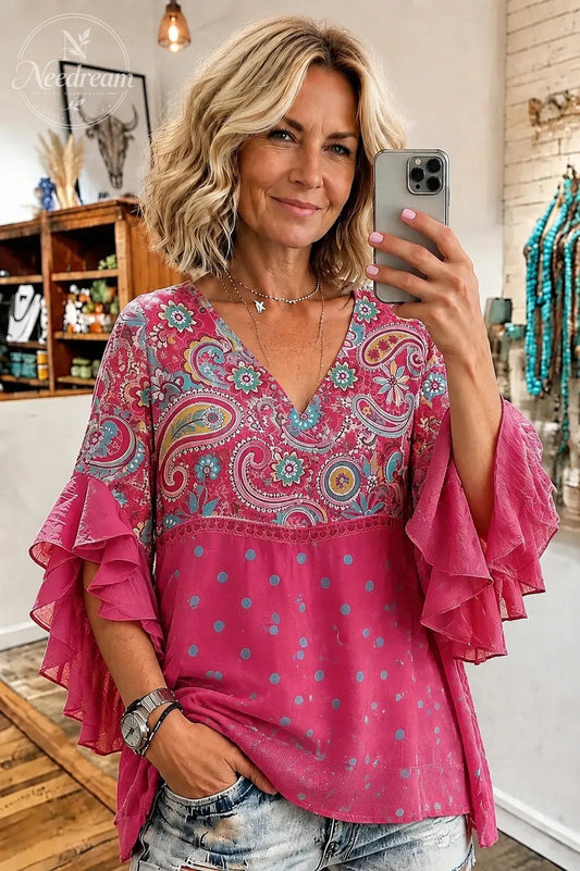 Women's Vintage Paisley Print V-Neck Hollow Out Top