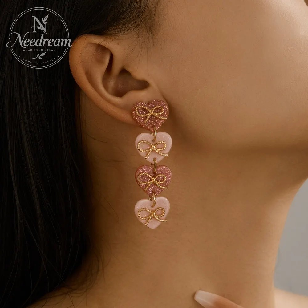 Pink Heart-Shaped Bow Tassel Earrings