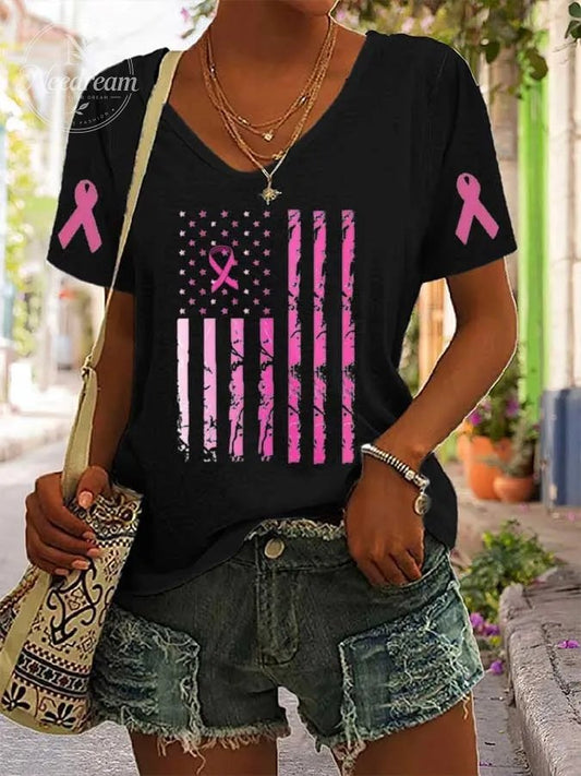 Women's Breast Cancer Flag Print Casual T-Shirt