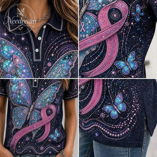 Women's Cotton Blend Polo Tee with Breast Cancer Awareness Print